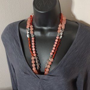 Pink And Red Necklace With Stone And Glass Beads 26.5 Inches Long